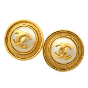 CHANEL White Pearl Logo Earrings